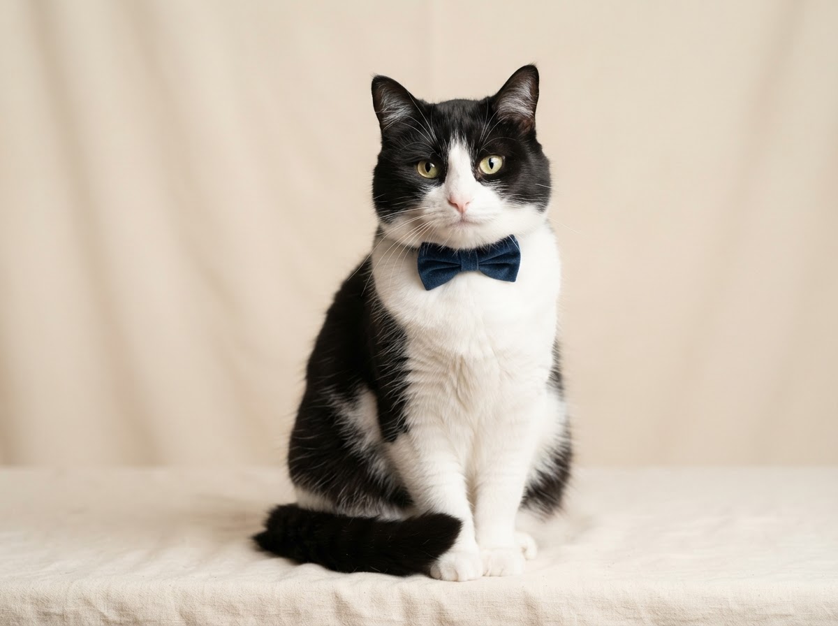 Black and white tuxedo cat with a bowtie representing the Gold mobile cat groom package