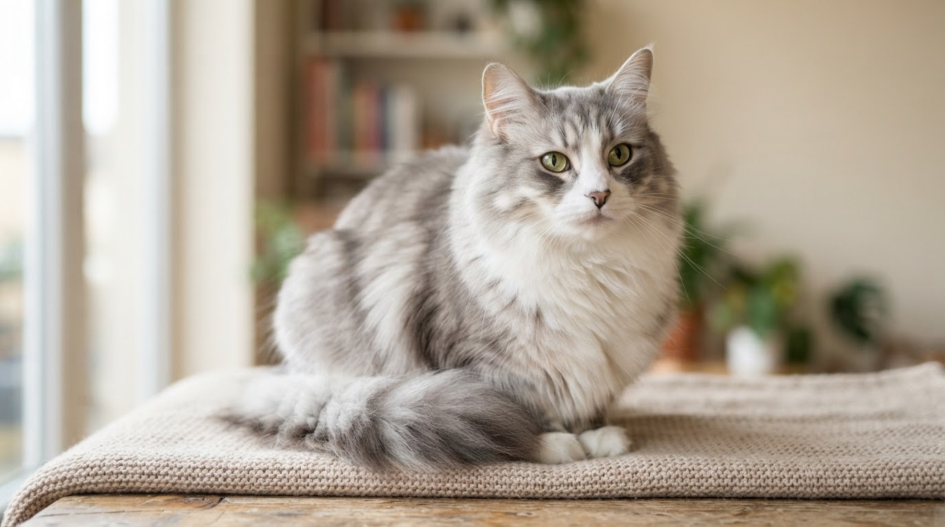 A fluffy grey and white cat with bright eyes, freshly groomed and content at the Catspnw mobile cat spa