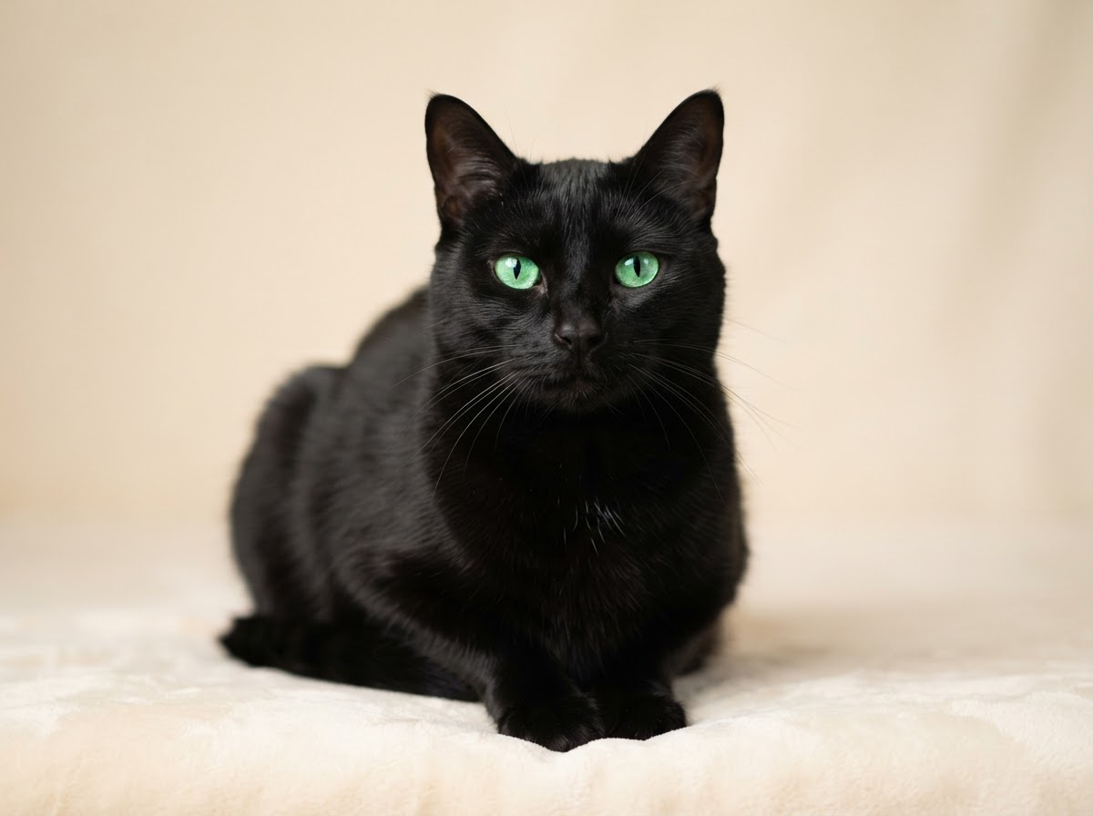 All black cat with bright green eyes representing the Silver mobile cat groom package