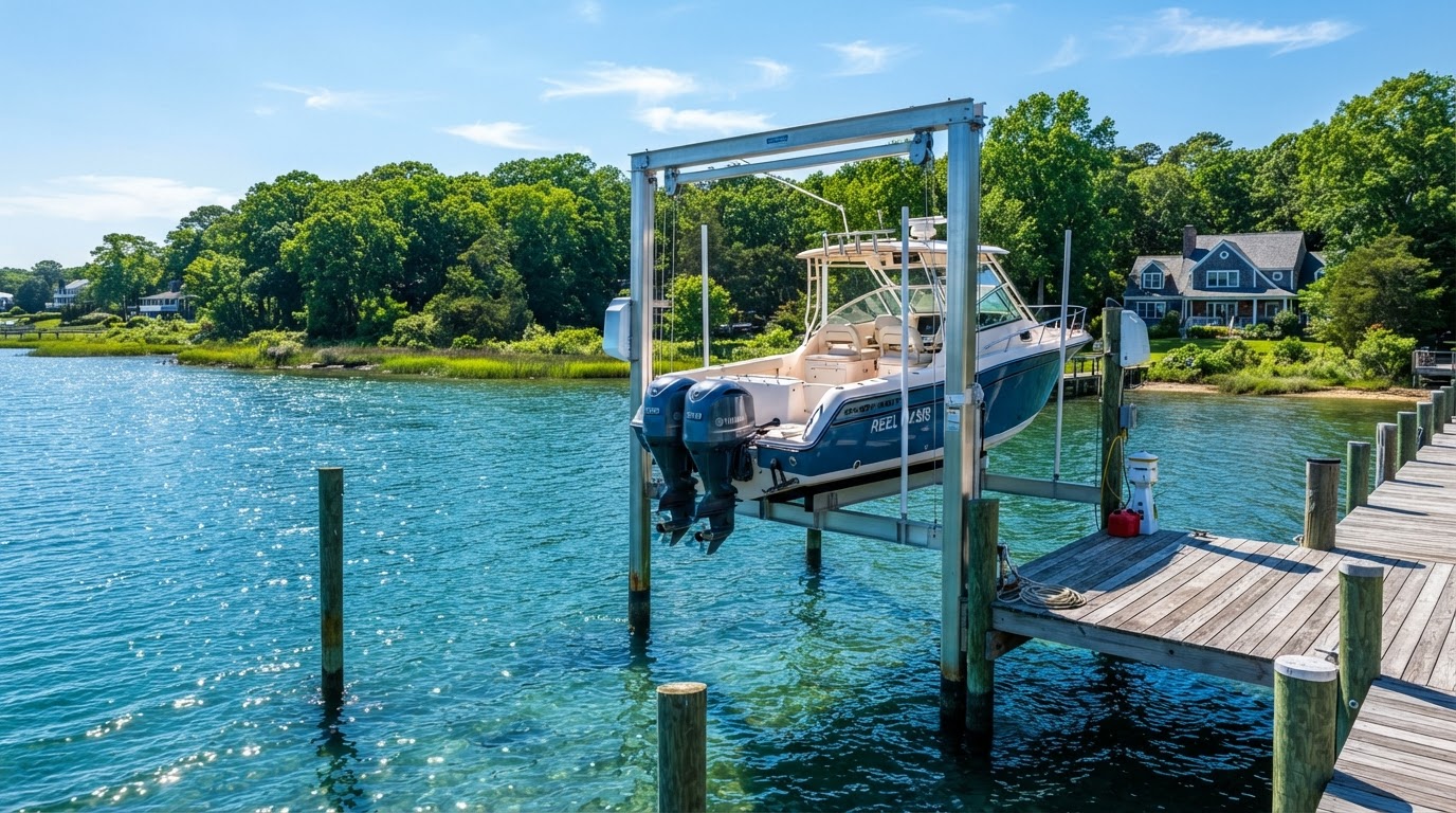 Waterfront dock with boat lift on the Eastern Shore of Maryland at sunrise