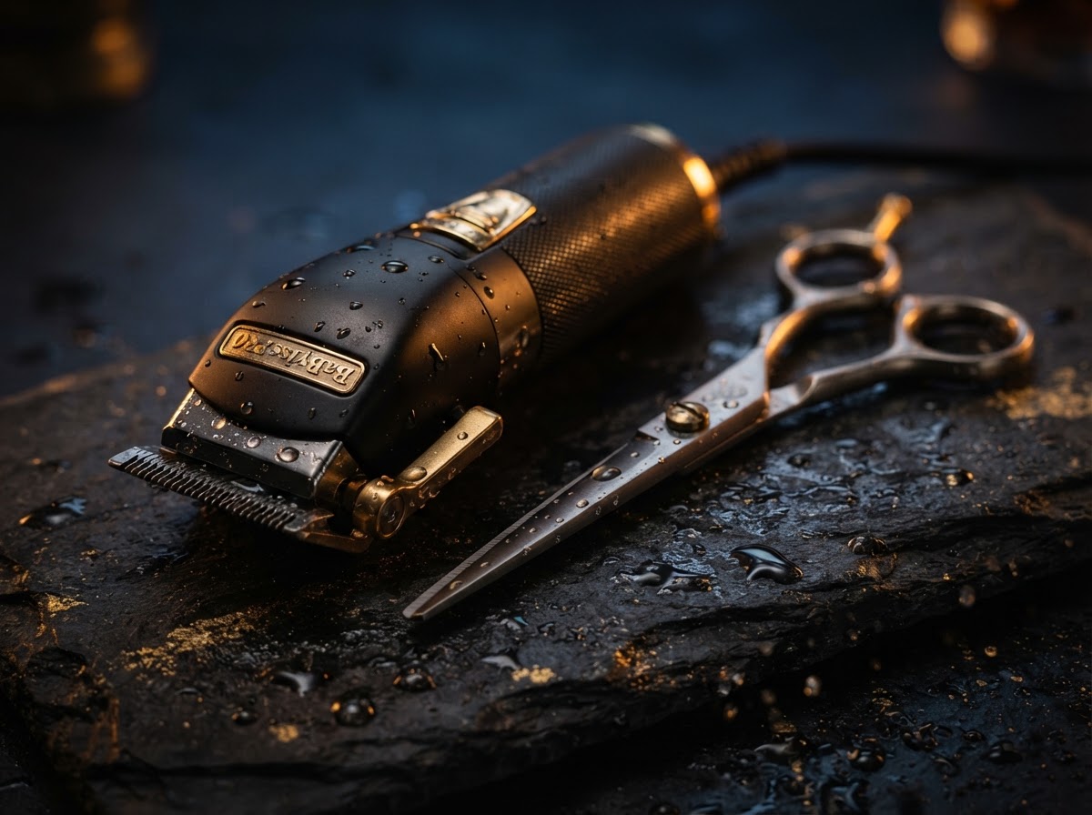 Professional barber clippers and scissors with warm gold lighting at D&L Studio barbershop in Columbus, WI