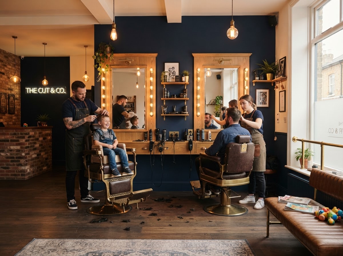 Welcoming modern barbershop interior at D&L Studio in Columbus, WI