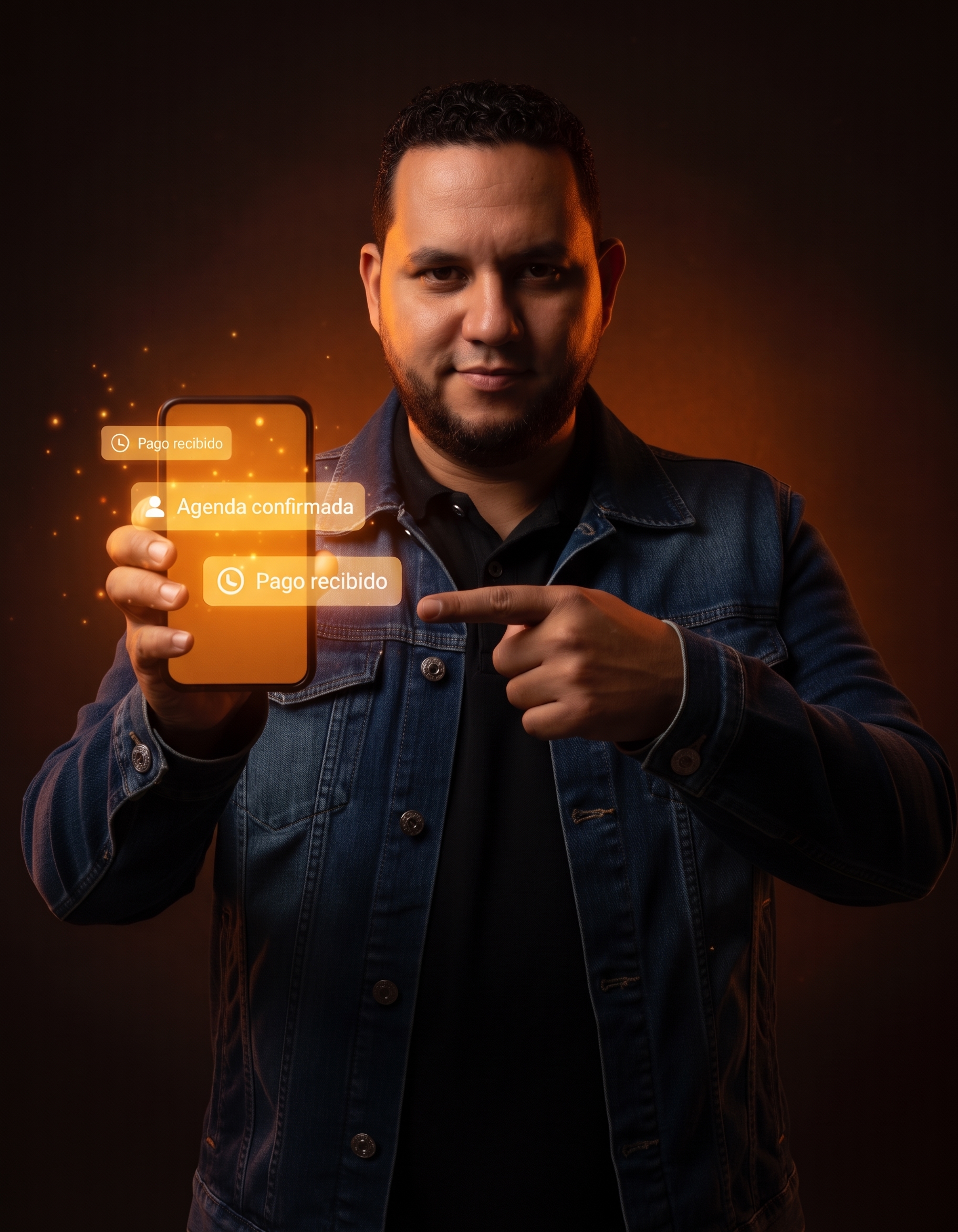 César Márquez mostrando un teléfono con notificaciones de agenda confirmada y pago recibido.
