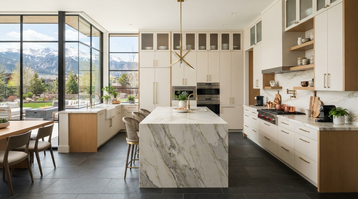A light-filled luxury Denver kitchen with marble island and warm oak cabinetry