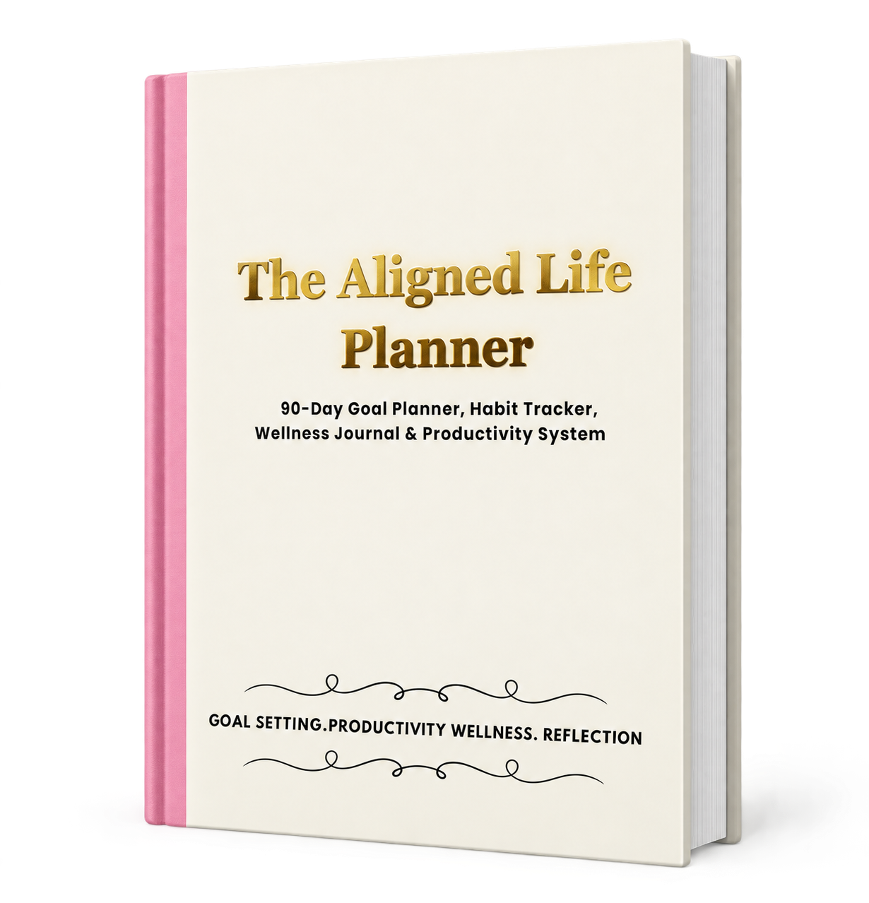 The Aligned Life Planner — physical planner standing upright showing front cover and spine