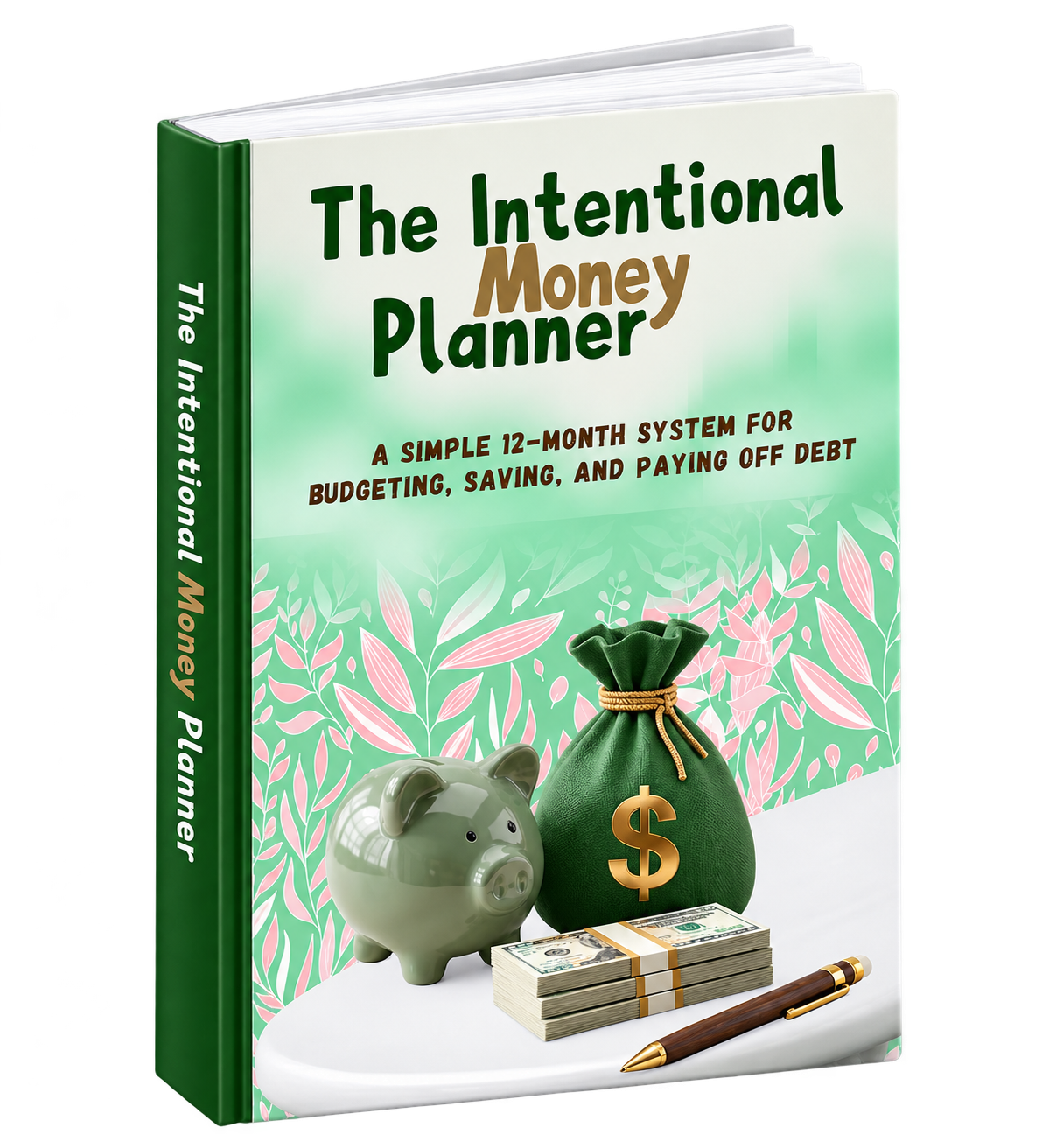 The Intentional Money Planner — physical planner standing upright showing front cover and spine
