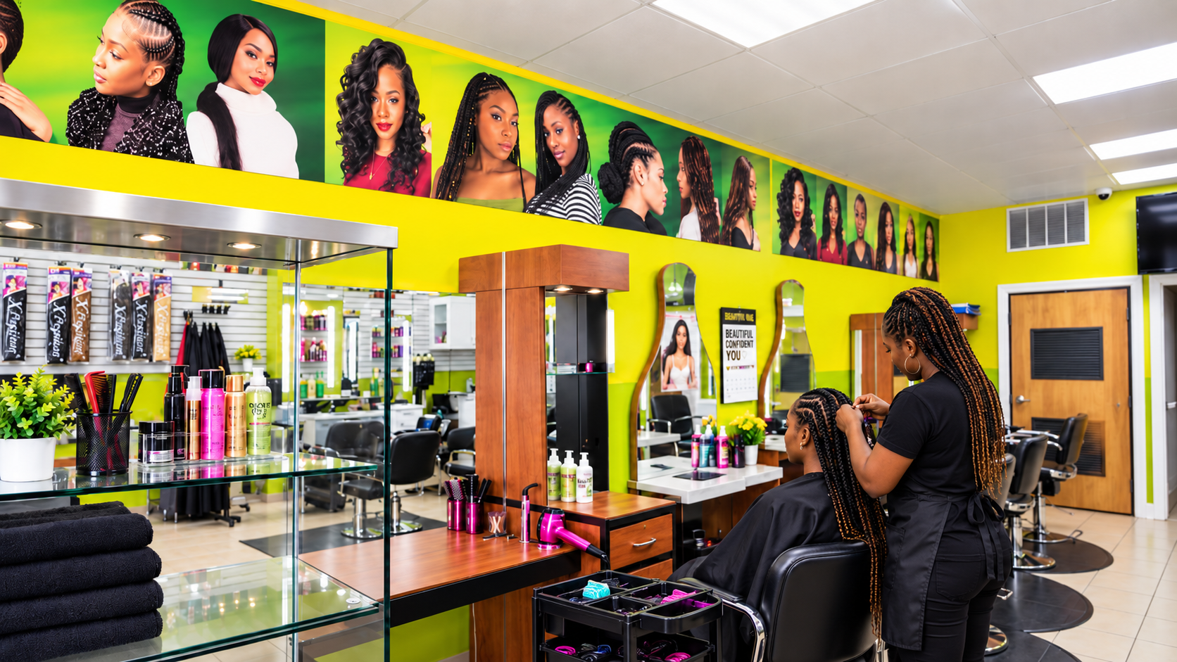 Inside our hair braiding studio styling stations and salon chairs