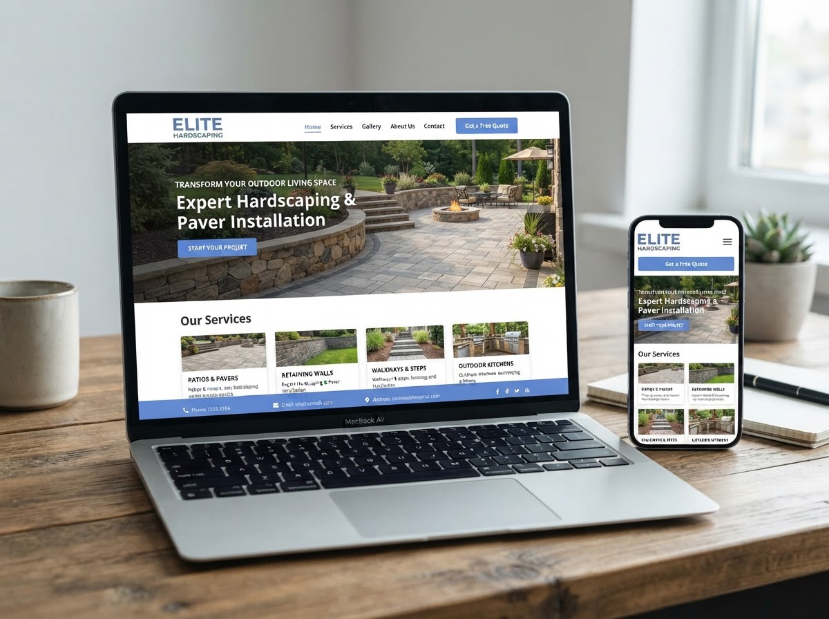 Example hardscaping contractor website built by Prodigal North Partners showing a stone patio and outdoor living space on a laptop and phone