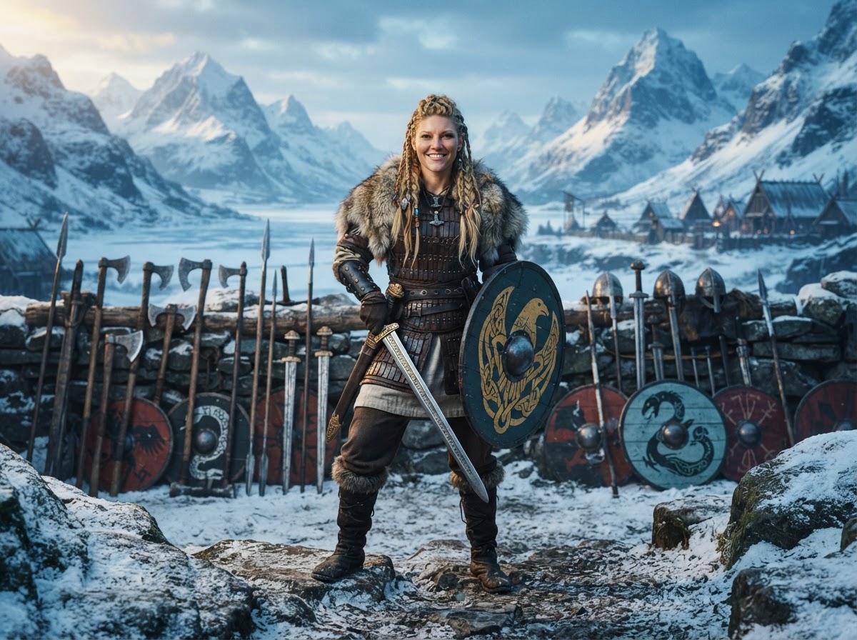 Guerrera vikinga junto a su arsenal de armas