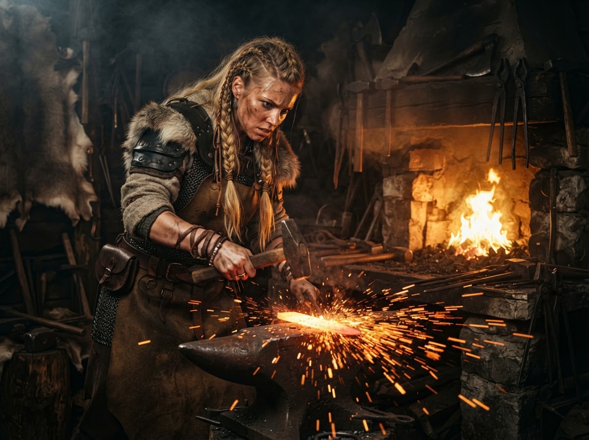 Guerrera vikinga forjando su leyenda en la fragua