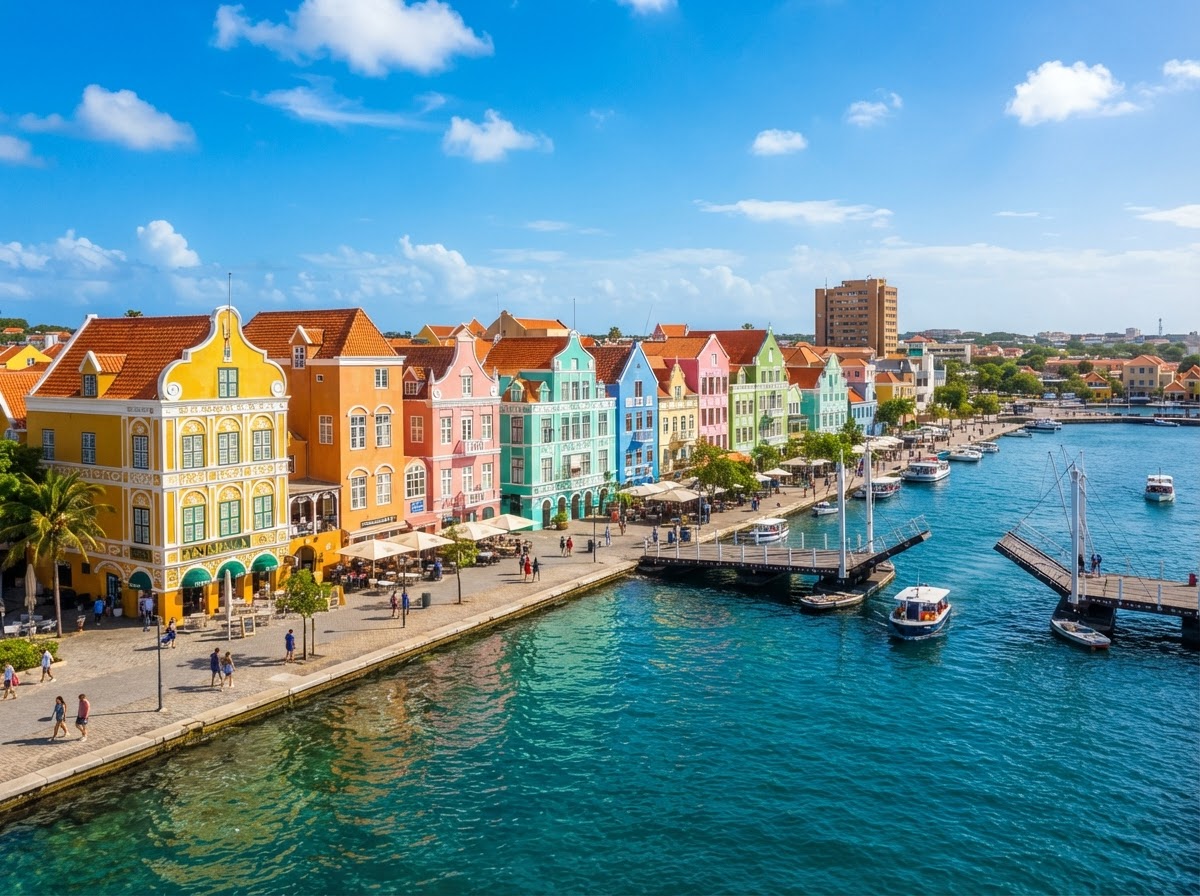 Casas coloridas holandesas frente al mar en Willemstad, Curazao