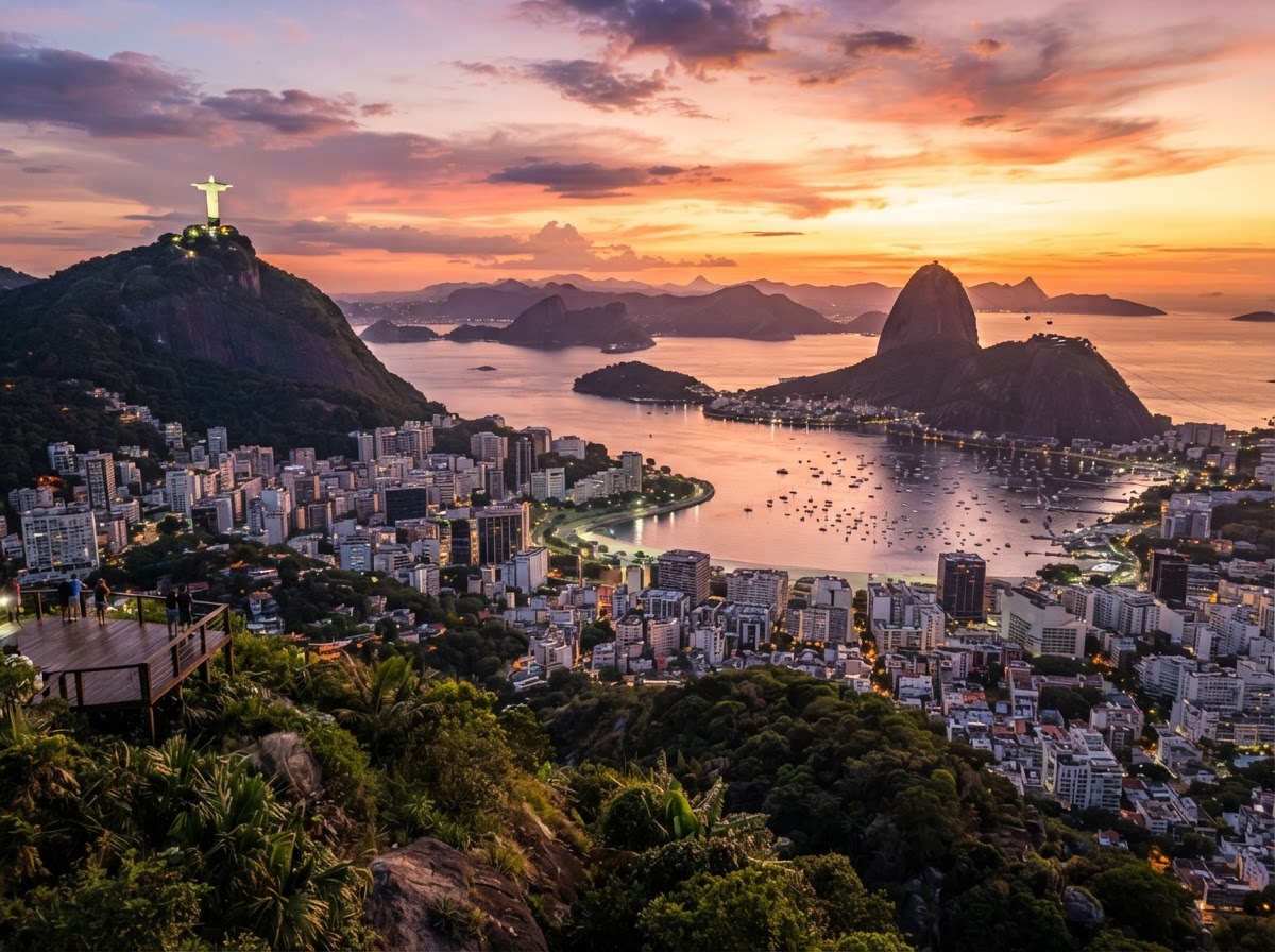 Cristo Redentor y Pan de Azúcar en Río de Janeiro al atardecer