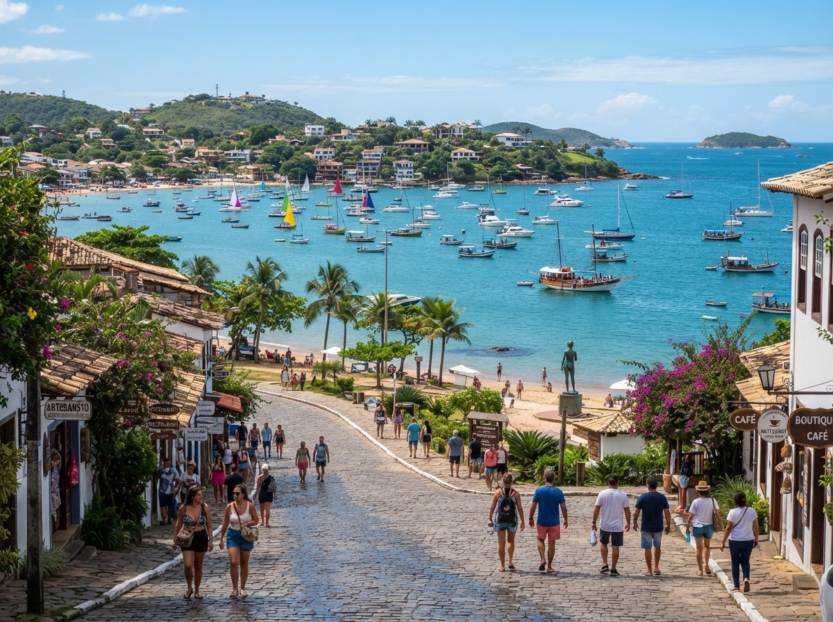 Playas de Búzios, Brasil con veleros y calles empedradas