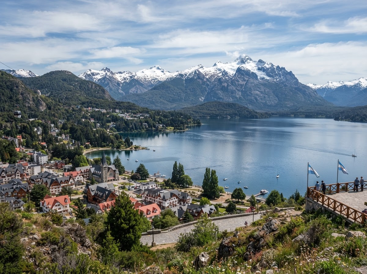 Lago Nahuel Huapi y montañas nevadas en Bariloche, Patagonia