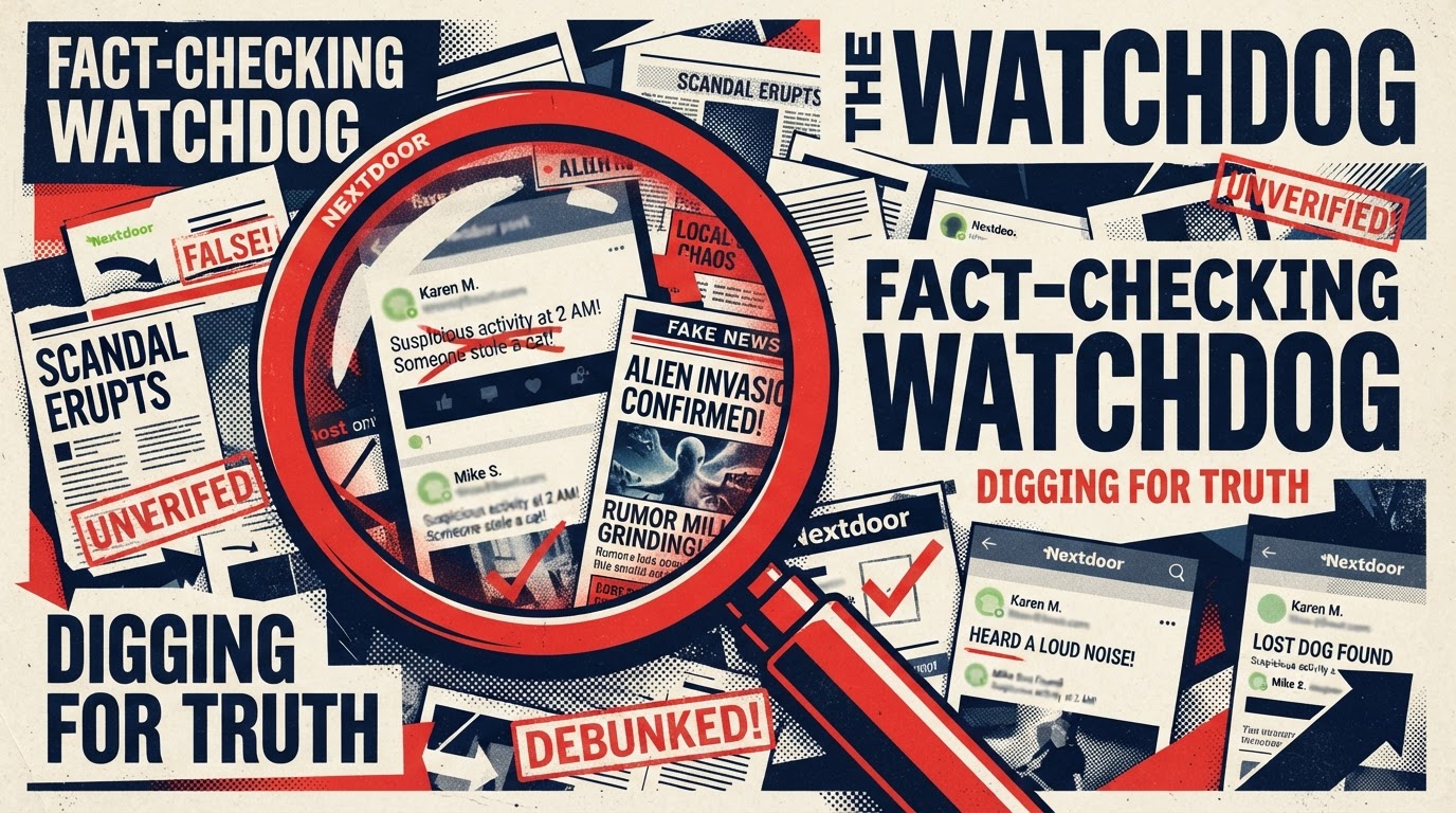 Editorial illustration of a magnifying glass examining scattered documents and social media clippings