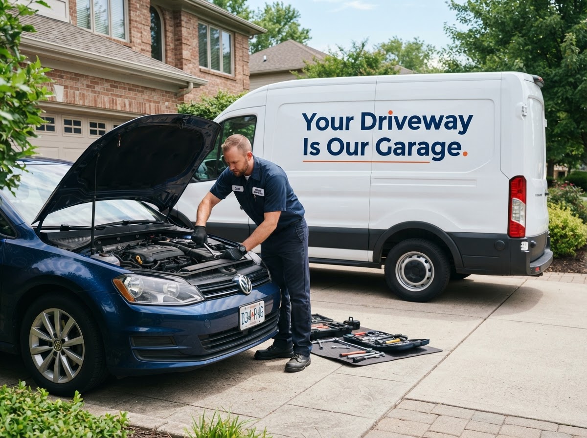 A mobile mechanic working on a vehicle while a customer receives an automatic text response on their phone