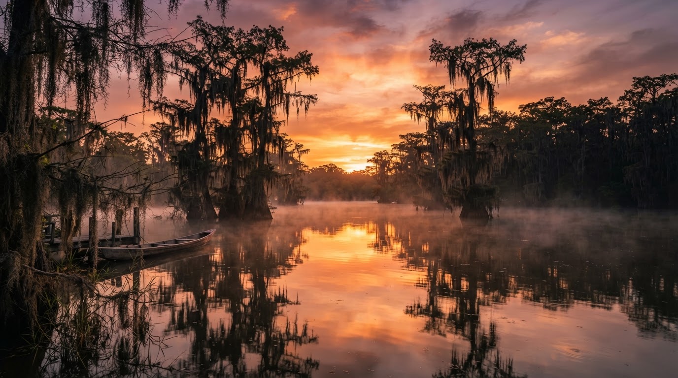 Louisiana bayou at sunset with cypress trees and Spanish moss