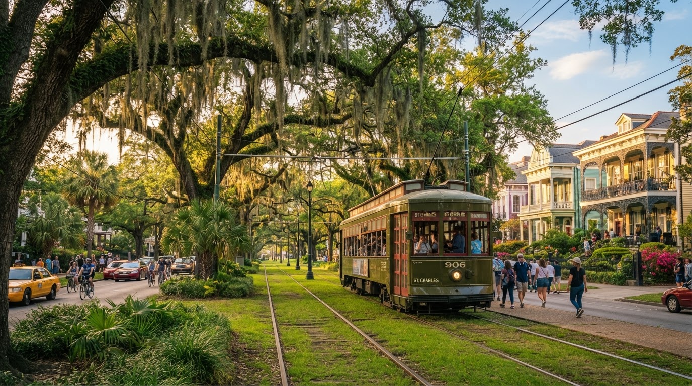 New Orleans St. Charles Avenue streetcar under oak trees with Spanish moss