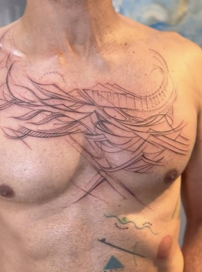 Sacred Architectural Chest & Collarbone Flow Tattoo by Justine Almaraz