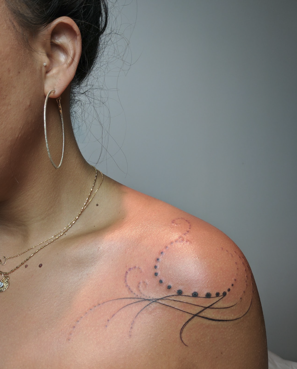 Delicate Celestial Dotwork & Shoulder Cap Flourish Tattoo by Justine Almaraz