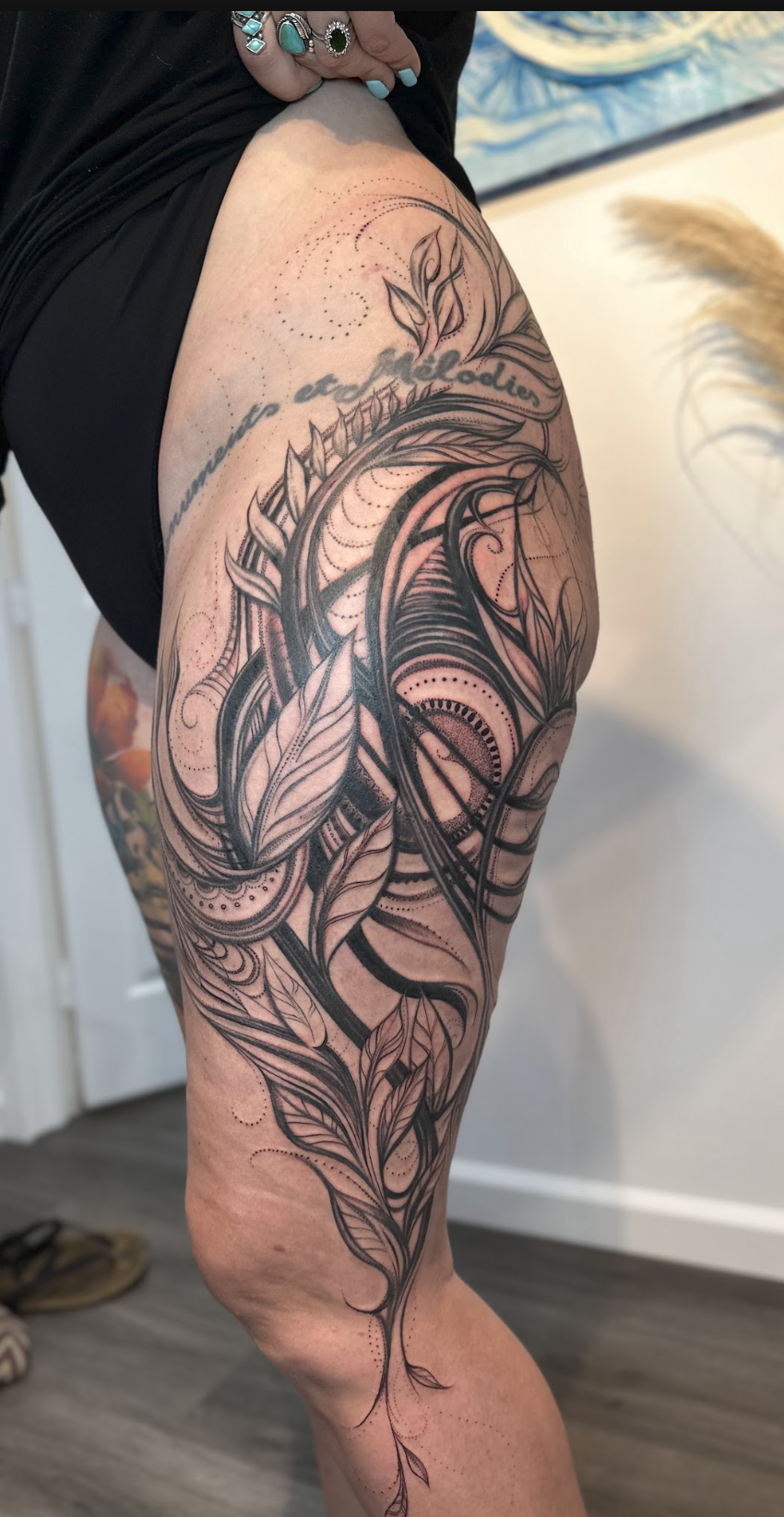 Large-Scale Botanical & Sacred Geometry Leg Sleeve Tattoo by Justine Almaraz