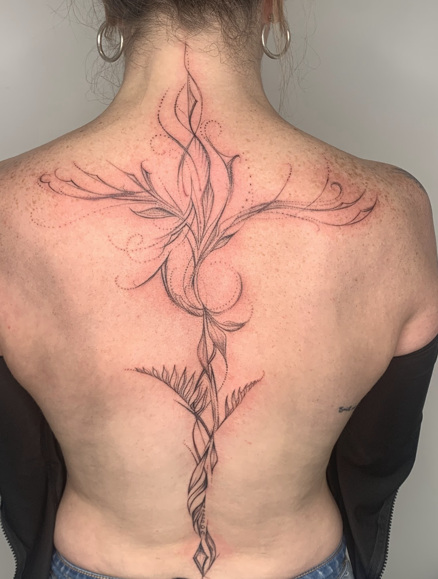 Sacred Cross & Spine Botanical Energy Backpiece Tattoo by Justine Almaraz