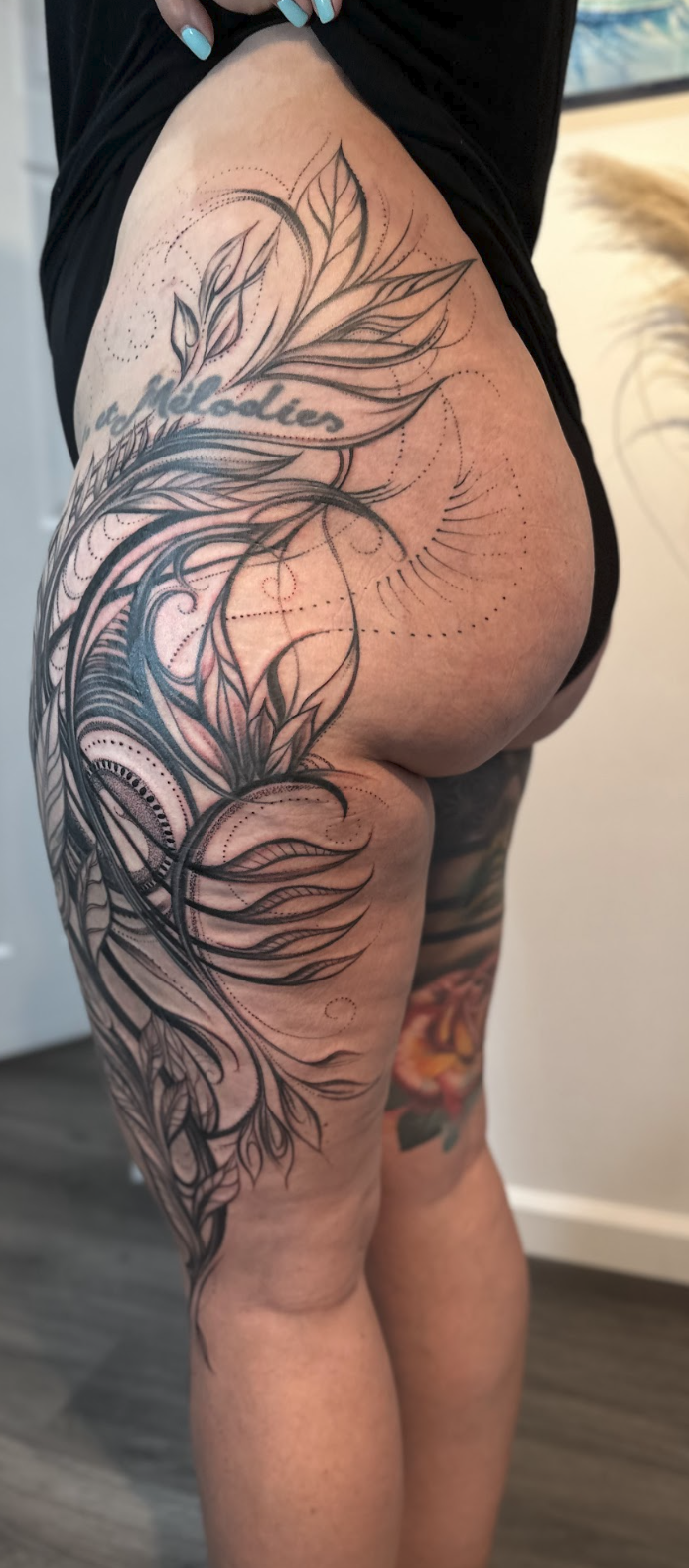 Organic Foliage Contour & Radiant Dotwork Thigh Piece Tattoo by Justine Almaraz
