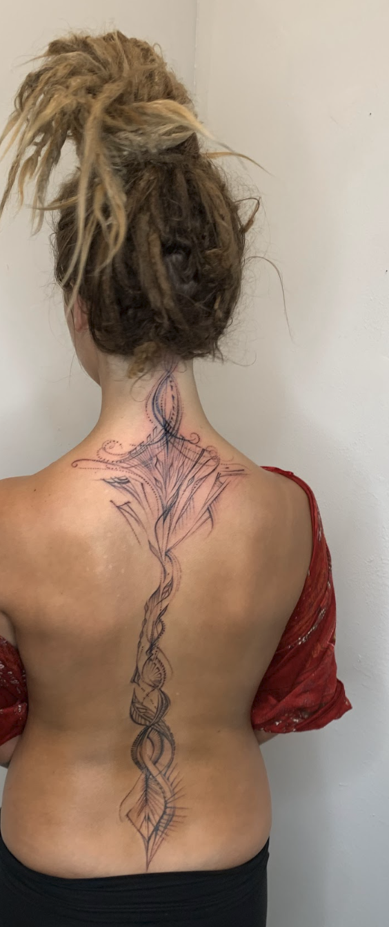 Intuitive Spine Flow & Sacred Dotwork Energy Tattoo by Justine Almaraz