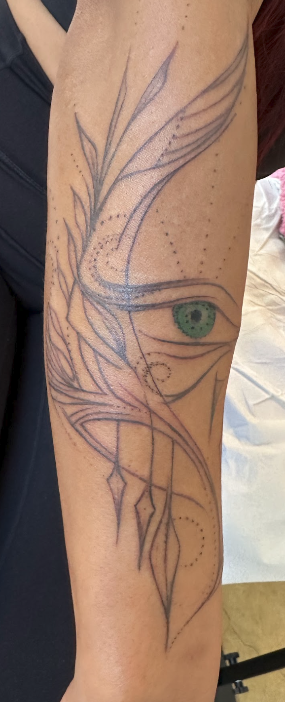 Mystic Third Eye & Feathery Wing Inner Forearm Tattoo by Justine Almaraz