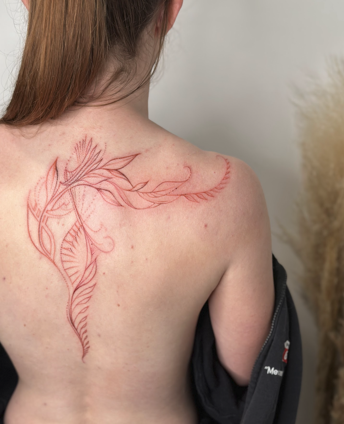 Sacred Red Ink Botanical Spine & Shoulder Blade Flow Tattoo by Justine Almaraz
