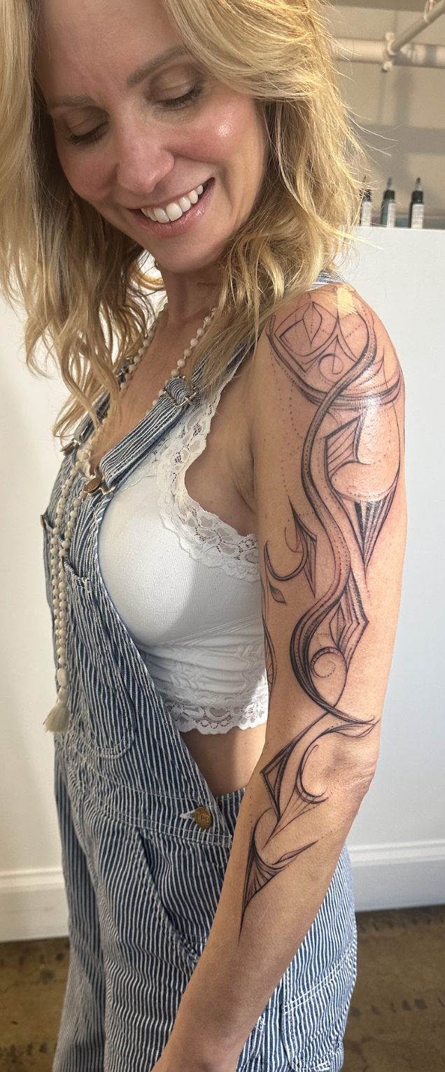 Sacred Geometric & Curvilinear Abstract Arm Sleeve Tattoo by Justine Almaraz