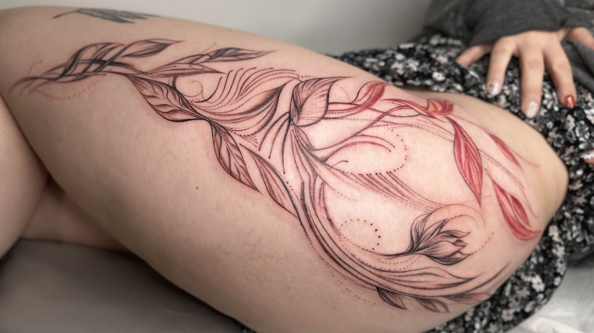 Sacred Floral Hip & Thigh Flourish Tattoo by Justine Almaraz