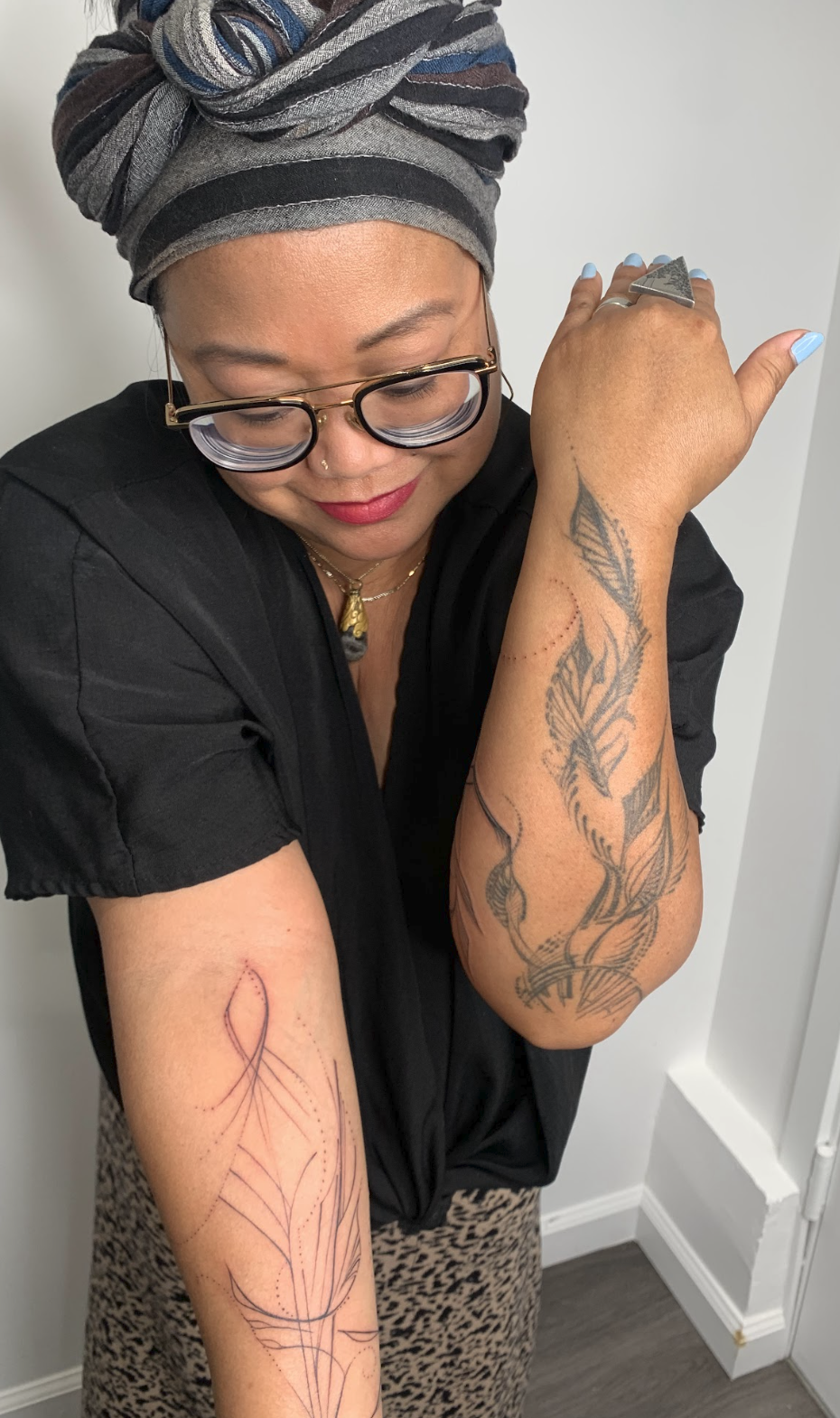 Dual Forearm Intuitive Botanical Feather & Energy Flow Tattoo by Justine Almaraz