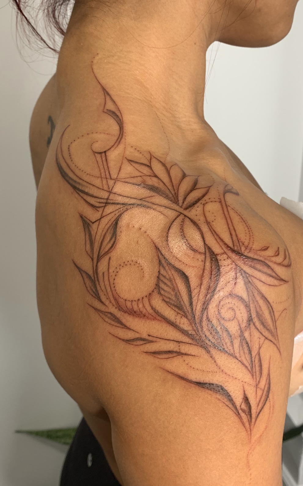 Delicate Botanical Shoulder & Neck Flow Tattoo by Justine Almaraz