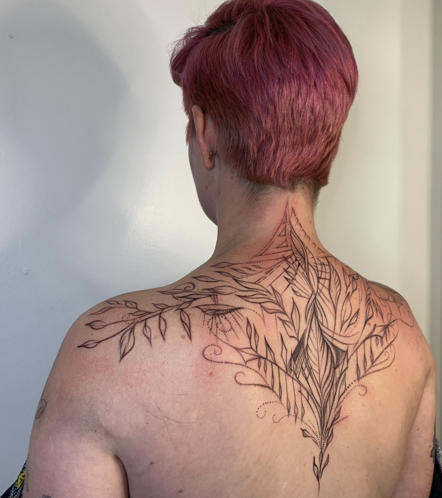 Upper Back, Neck & Shoulder Botanical Mantle Tattoo by Justine Almaraz