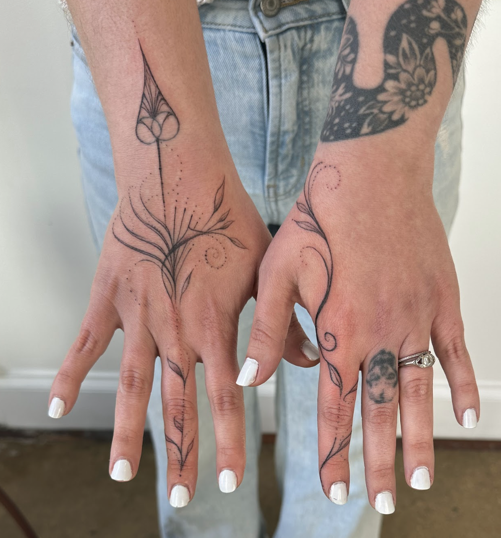 Fine-Line Symmetrical Botanical Hand & Finger Vines Tattoo by Justine Almaraz