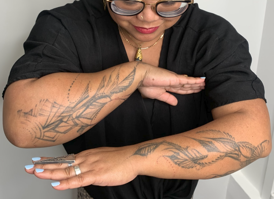 Symmetrical Kinetic Feather & Sacred Linework Arm Tattoo by Justine Almaraz
