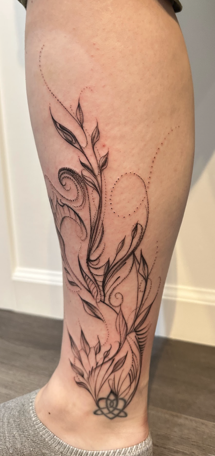 Sacred Celtic Knot & Ascending Ornamental Vine Ankle Tattoo by Justine Almaraz