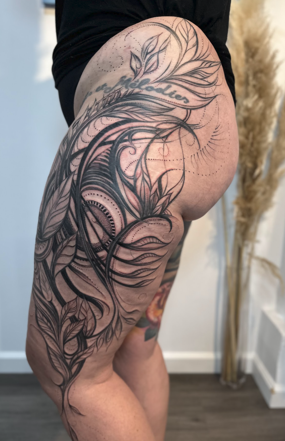 Sacred Botanical Thigh & Hip Energy Mandala Flourish Tattoo by Justine Almaraz