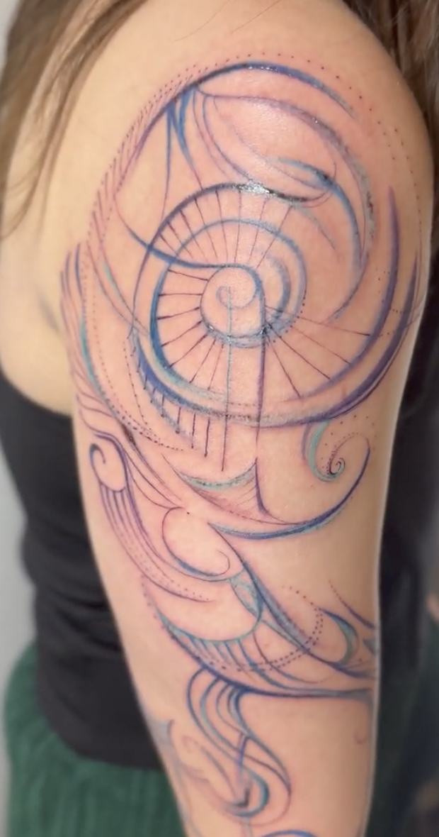 Golden Ratio Spiral & Sacred Geometry Shoulder Tattoo by Justine Almaraz