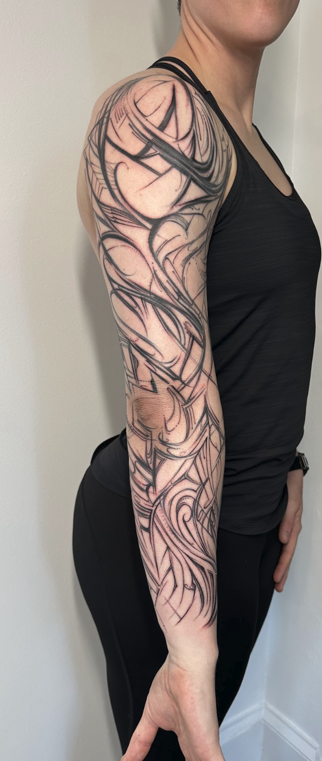 Full Arm Intuitive Abstract Kinetic Movement Sleeve Tattoo by Justine Almaraz