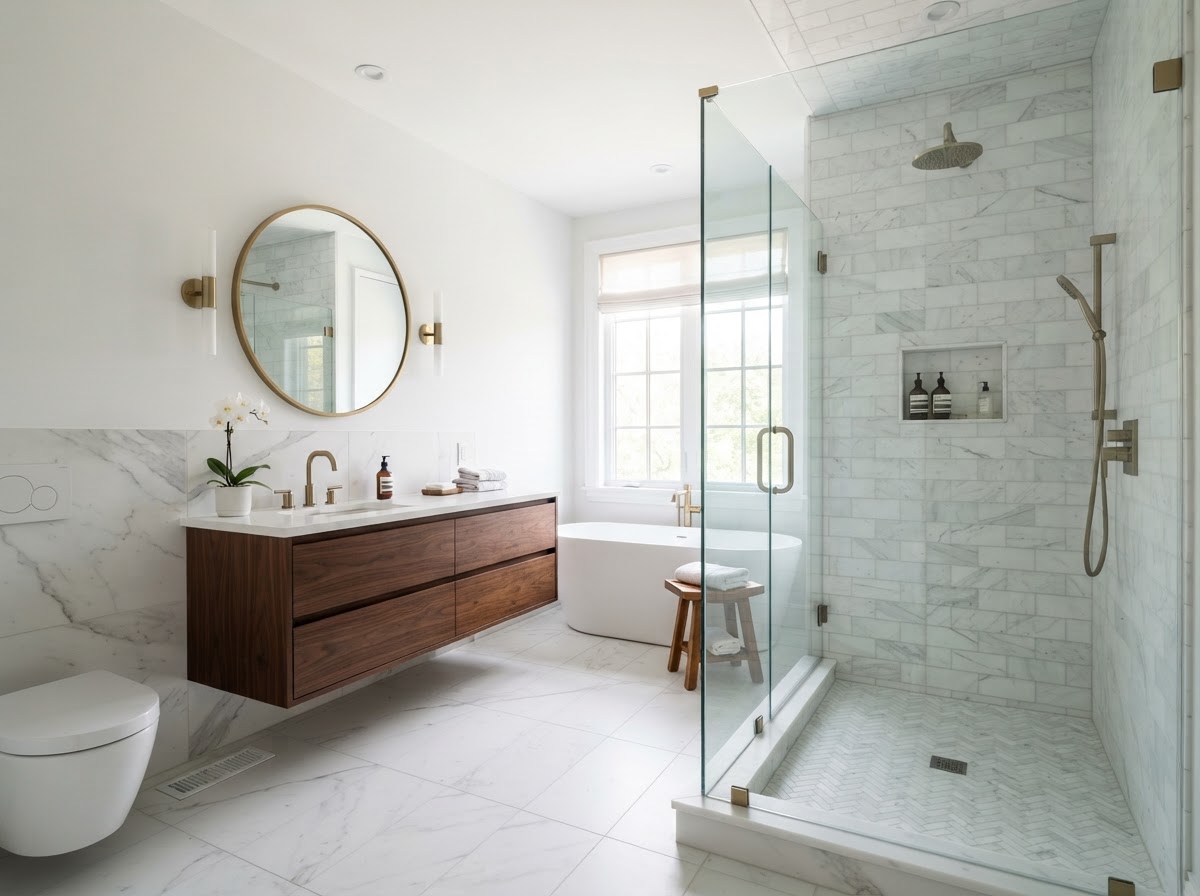 Freshly remodeled bathroom with walk-in shower and marble tile