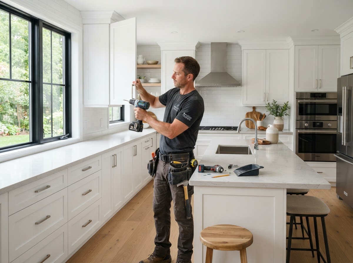 Newly remodeled modern kitchen with white cabinets and quartz countertops