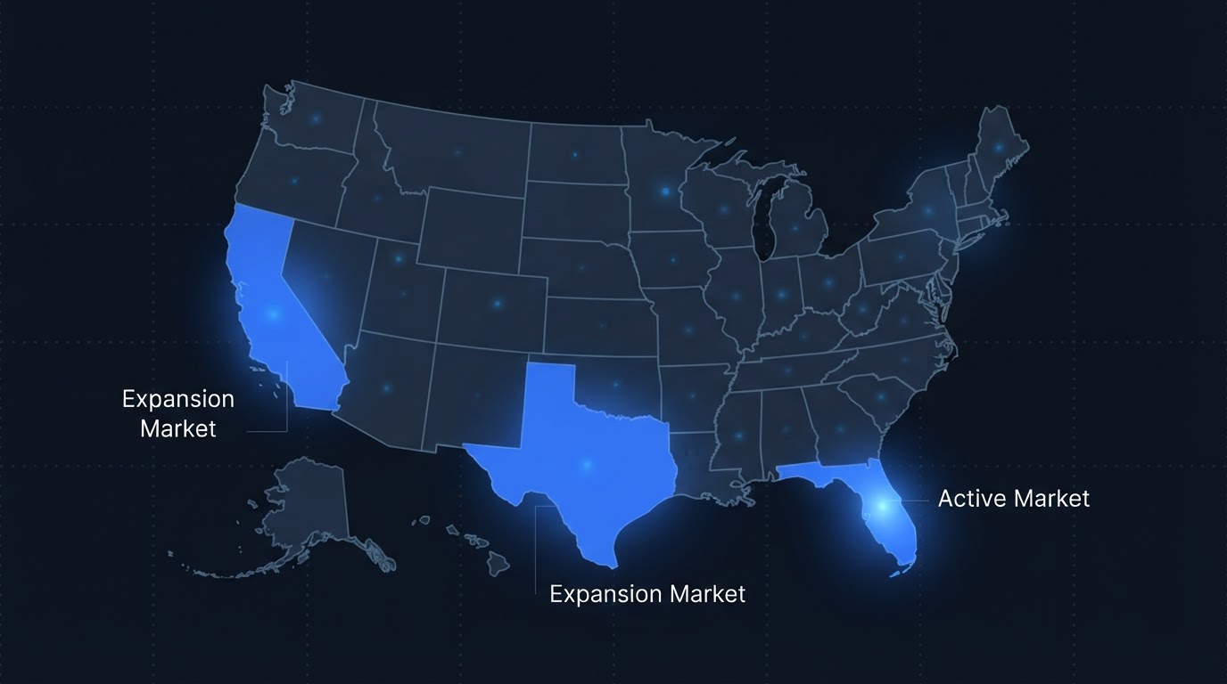 Mapa de zonas de servicio: Florida, Texas y California
