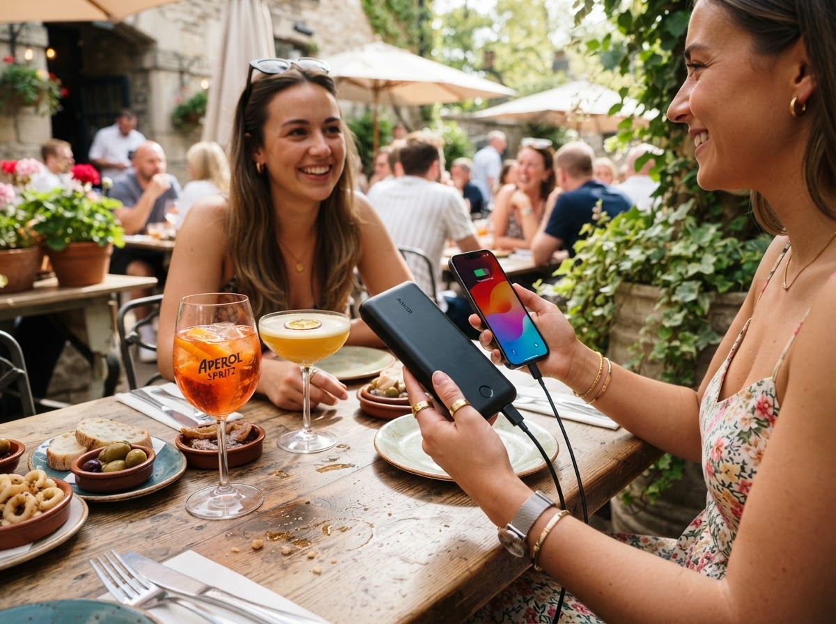Friends using portable Juice Box charger at a venue