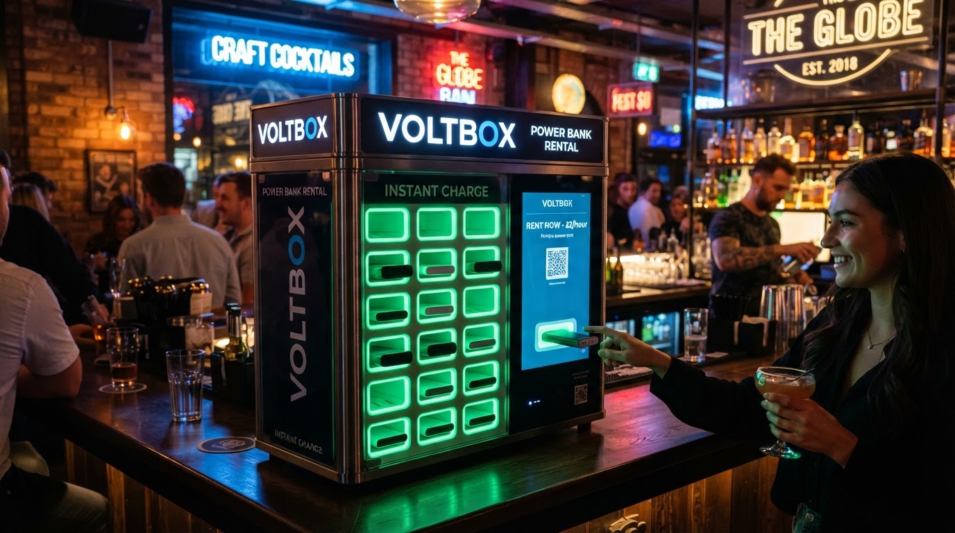 Juice Box smart power bank kiosk in venue