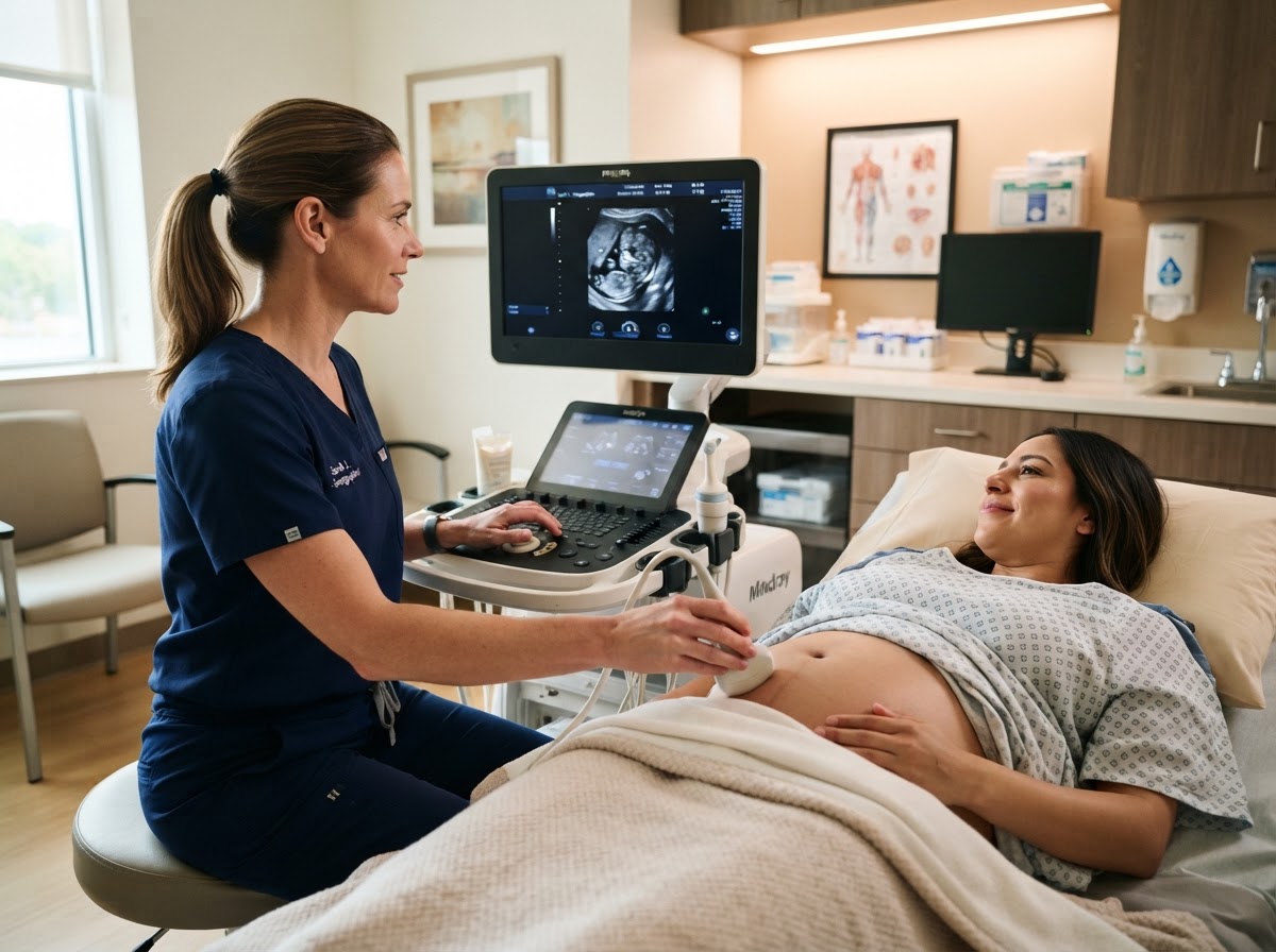 Ecografía y examen de ultrasonido diagnóstico en entorno clínico