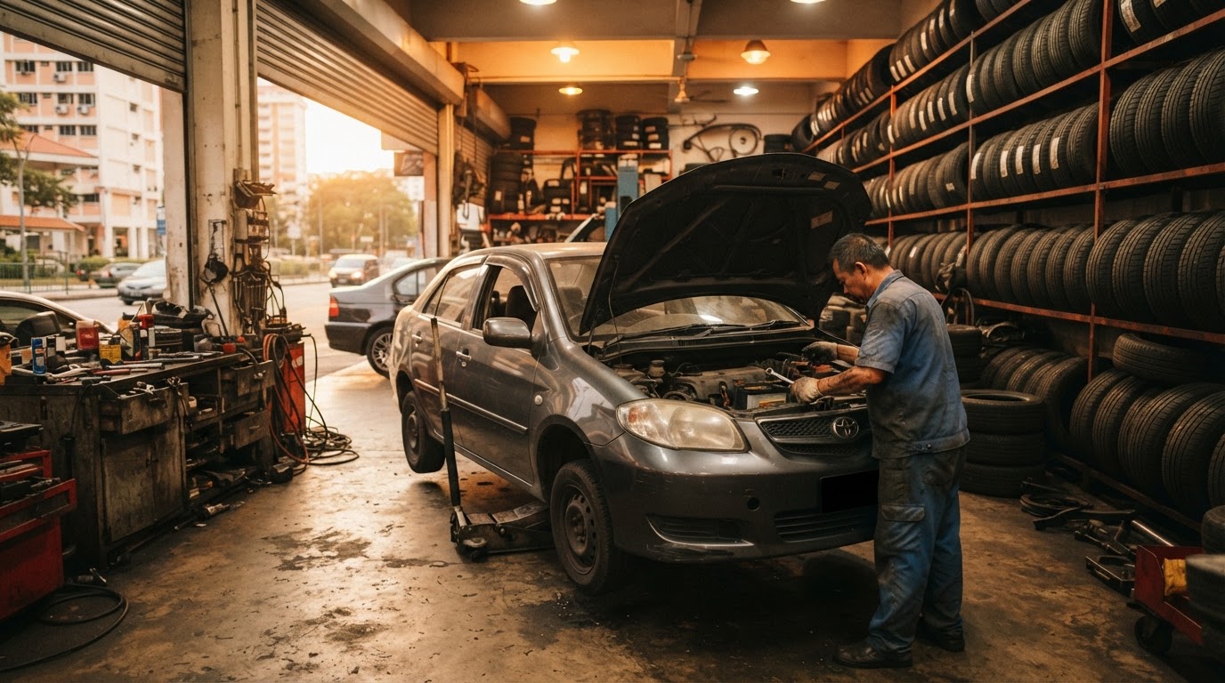 Inside a Singapore tyre and battery workshop with tyre stacks, a car on a jack and an open bonnet