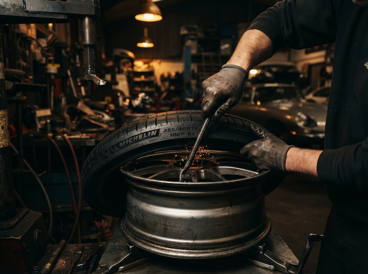 Mechanic mounting a tyre onto a wheel