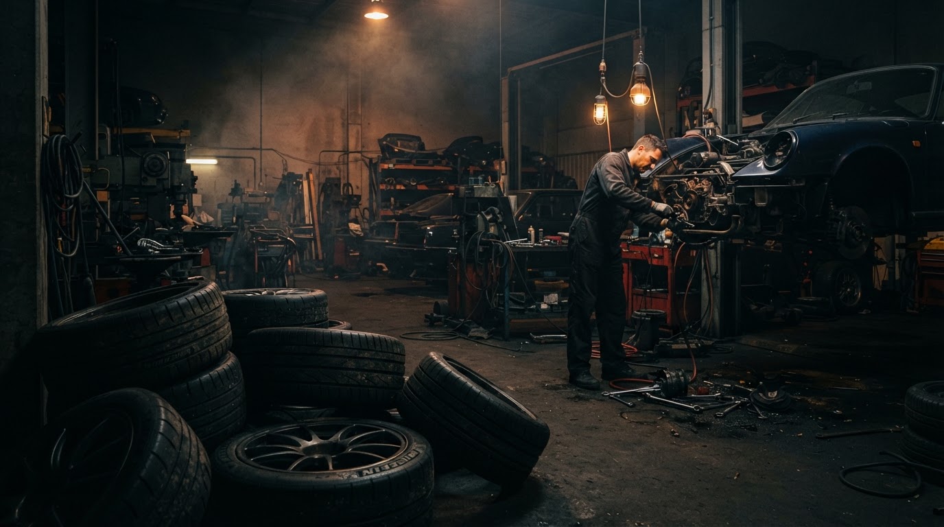 Choon Huat workshop interior with stacked tyres